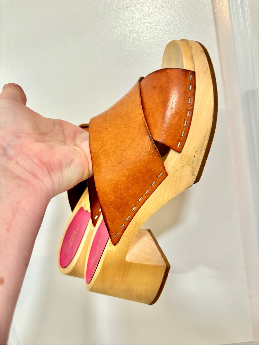 Swedish Hasbeens Anette High Tan Crossband Leather Clogs - Picture 15 of 16